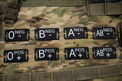 Σετ Patch Ομάδας Αίματος για Tactical Vest – O NEG, B NEG, A NEG, AB NEG, O POS, B POS, A POS, AB POS – Μαύρο με Λευκή Εκτύπωση